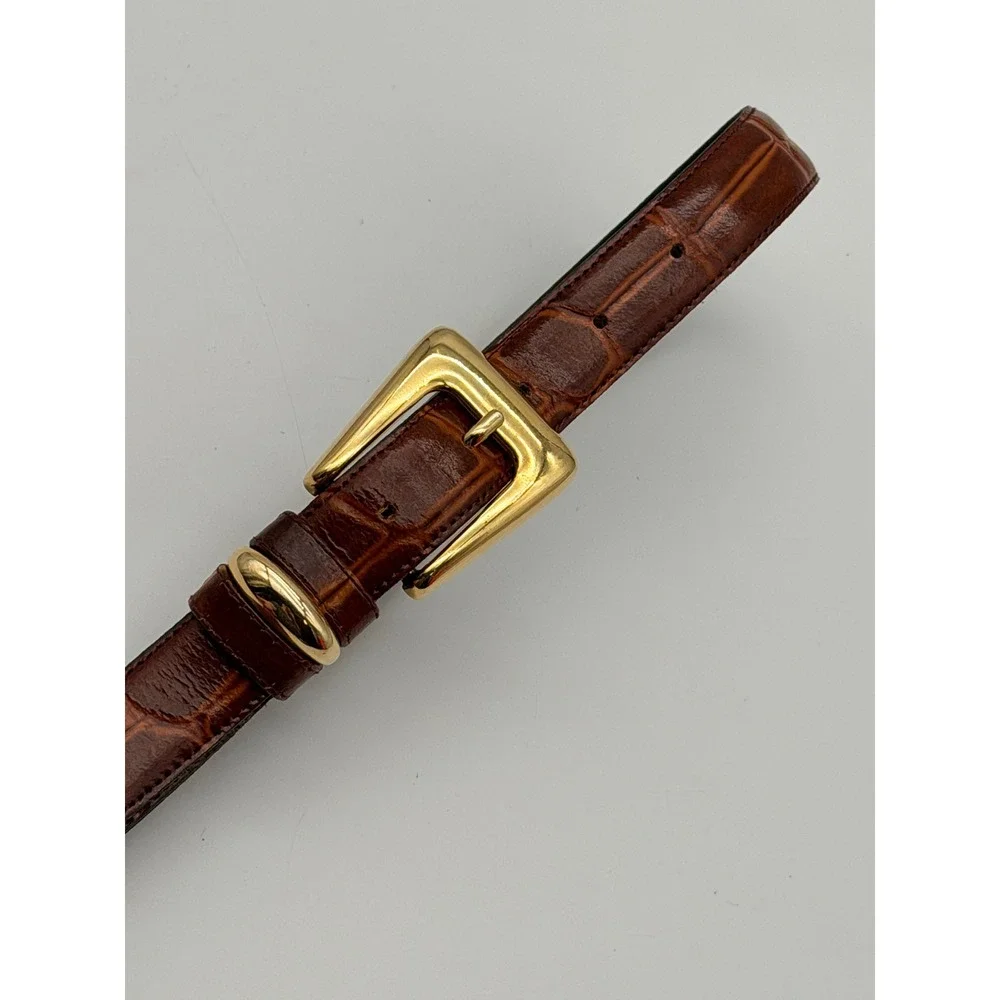 Jacqueline Ferrar Brown Croc Embossed Leather Belt Gold Buckle Made in Italy L